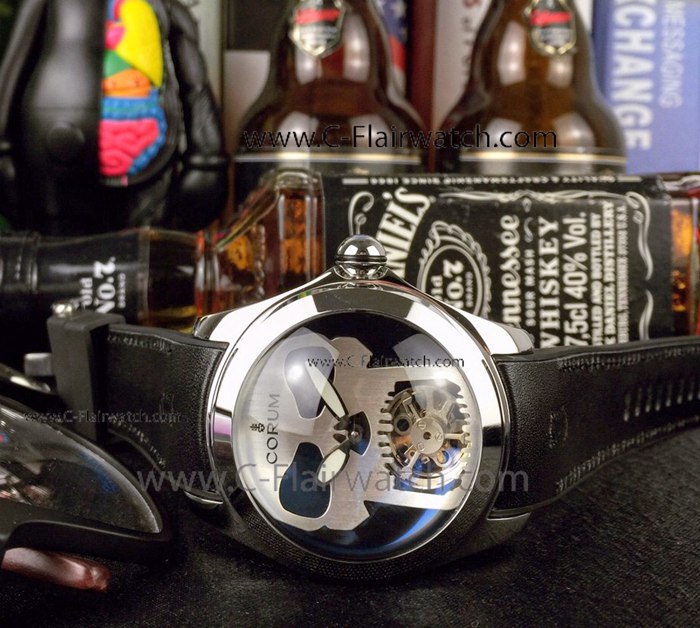 Bubble Tourbillon Skull Corum Watch SS Black Leather Band